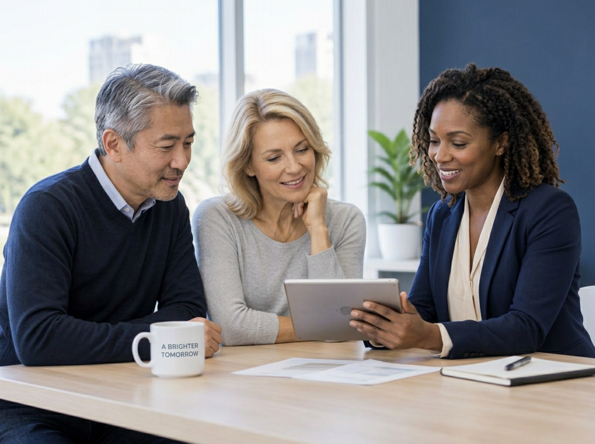 An advisor reviewing a plan on a tablet with a couple