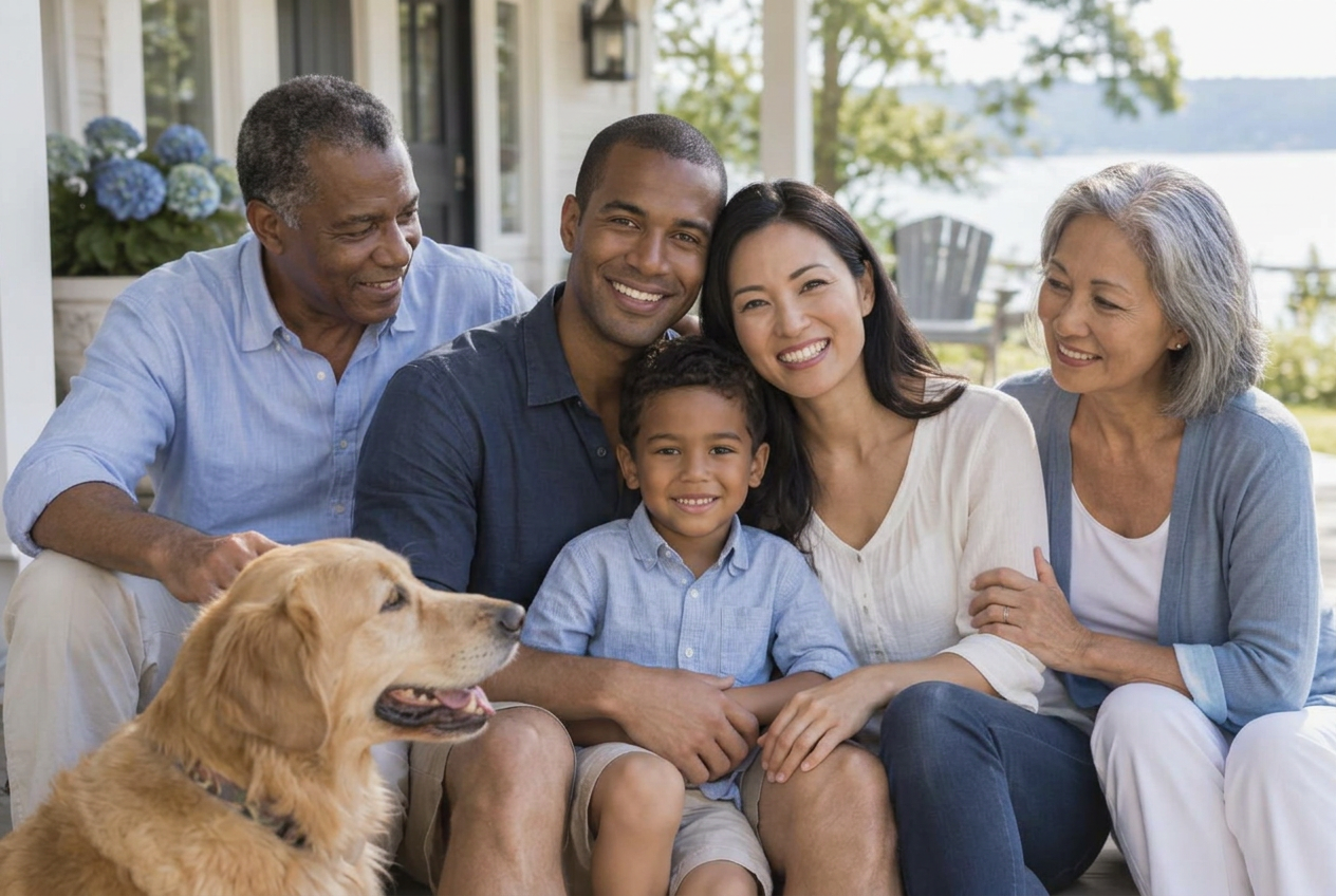 Three generations of a family smiling together on a porch