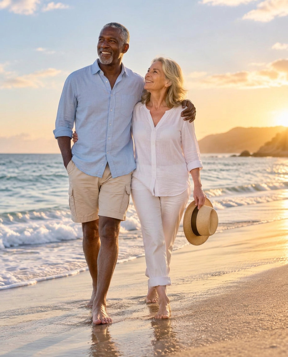 A retired couple walking on a beach at sunset